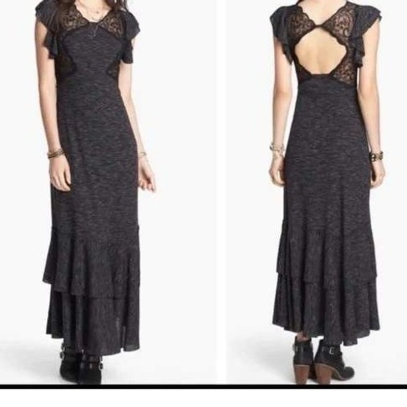 Free People Dresses & Skirts - Free People Black Space Dye Lace Open‎ Back Ruffle Maxi Women Dress Boho size S